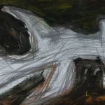 Pintura abstracta con forma de tiburón realizada en acrílico, spray y rotulador por Laban (Jorge Labandeira) en 2025
