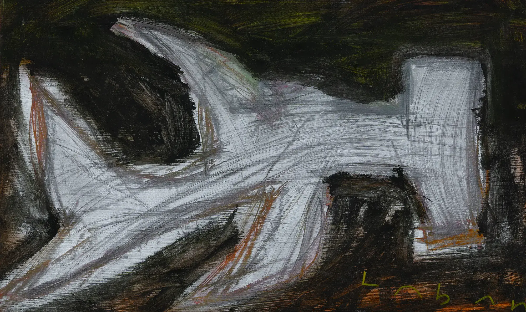 Pintura abstracta con forma de tiburón realizada en acrílico, spray y rotulador por Laban (Jorge Labandeira) en 2025