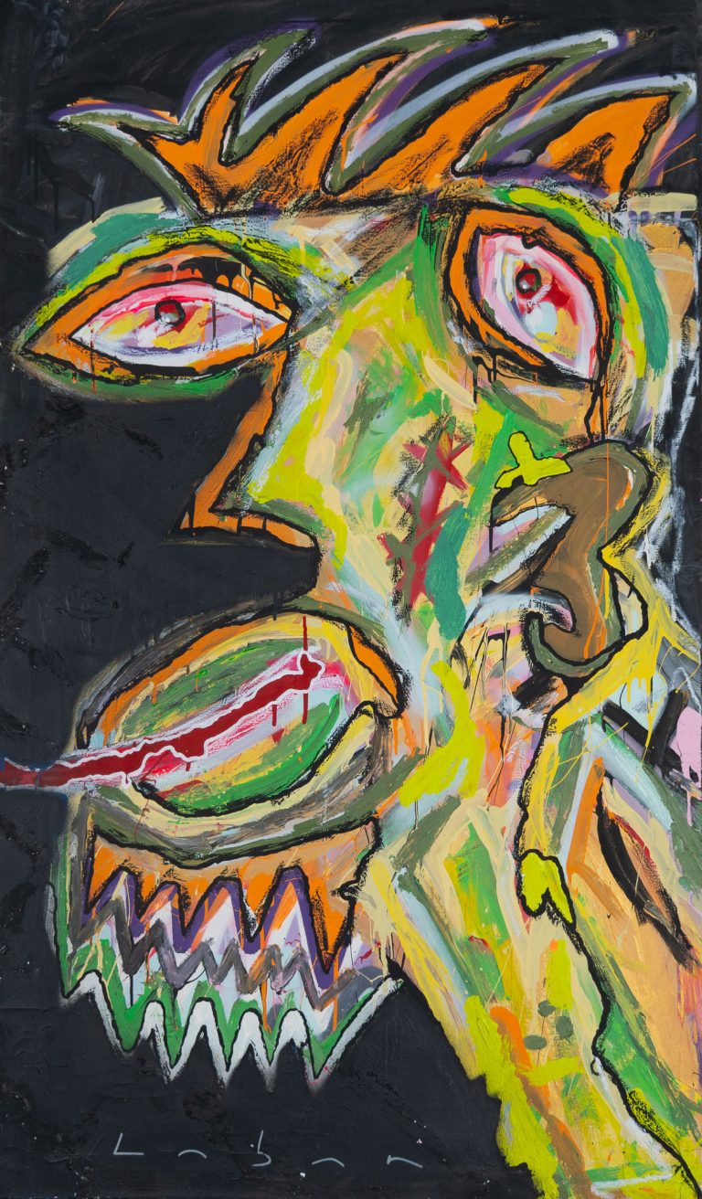 Pintura expresionista con rostro deformado y lengua alargada realizada por Laban en 2023