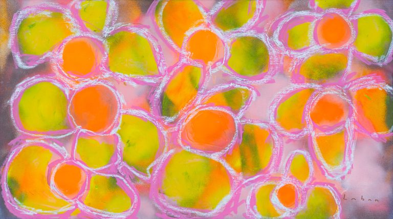 Pintura expresionista de flores abstractas en spray, rotulador y cera al óleo realizada por Laban (Jorge Labandeira) en 2025