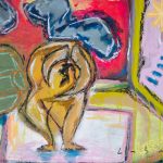 Pintura expresionista con figura abstracta y espacio interior realizada en acrílico y cera al óleo por Laban (Jorge Labandeira) en 2023