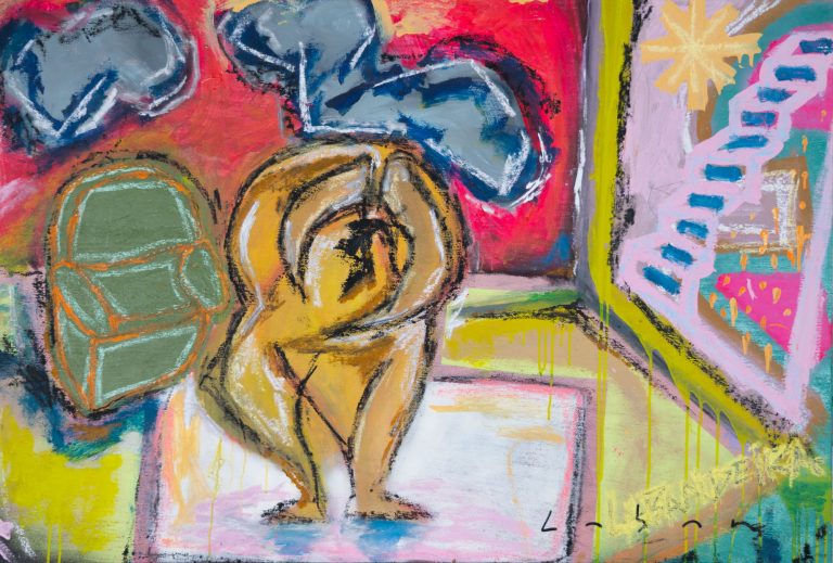 Pintura expresionista con figura abstracta y espacio interior realizada en acrílico y cera al óleo por Laban (Jorge Labandeira) en 2023