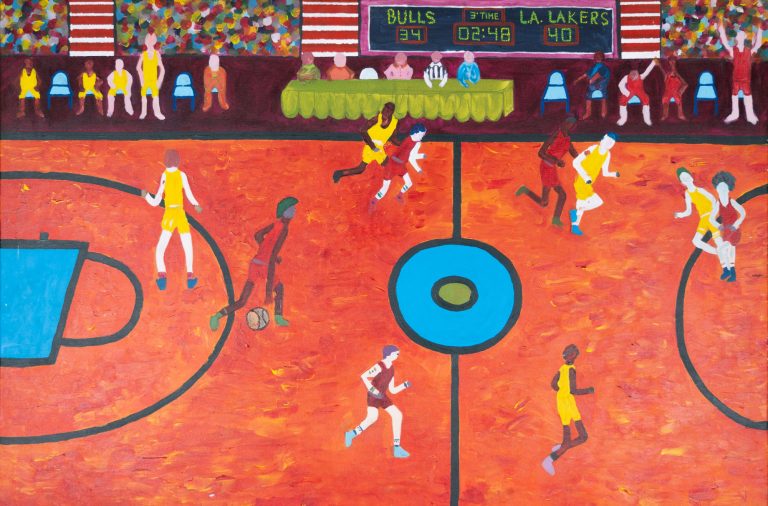 Pintura contemporánea de una cancha de baloncesto realizada en acrílico por Laban (Jorge Labandeira) en 2013