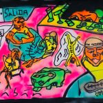 Pintura expresionista con figuras y símbolos realizada en spray y rotulador por Laban (Jorge Labandeira) en 2025