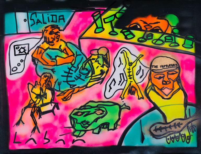 Pintura expresionista con figuras y símbolos realizada en spray y rotulador por Laban (Jorge Labandeira) en 2025