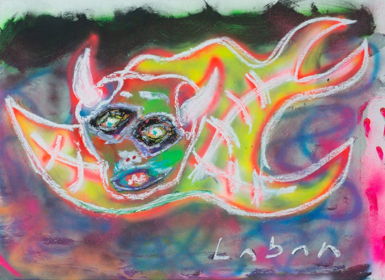 Pintura expresionista con figura demoníaca y formas abstractas realizada en spray, óleo y ceras al óleo por Laban (Jorge Labandeira) en 2025