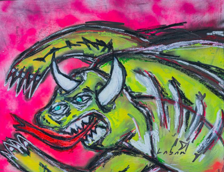 Pintura expresionista con criatura híbrida y lengua roja realizada en spray, acrílico y ceras al óleo por Laban (Jorge Labandeira) en 2025