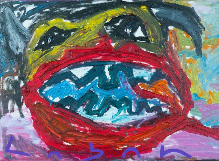 Pintura expresionista con rostro deformado y boca abierta realizada en óleo por Laban (Jorge Labandeira) en 2024