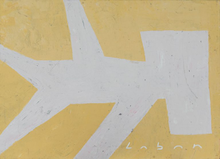 Pintura abstracta minimalista con forma de tiburón realizada en acrílico por Laban (Jorge Labandeira) en 2025