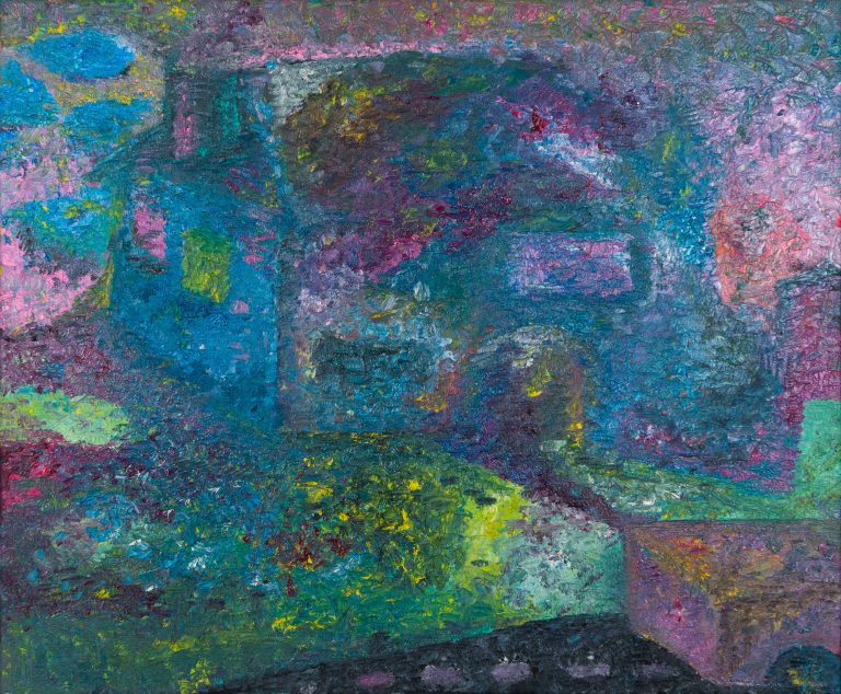 Pintura abstracta matérica con paisaje arquitectónico realizada en óleo por Laban (Jorge Labandeira) en 2020