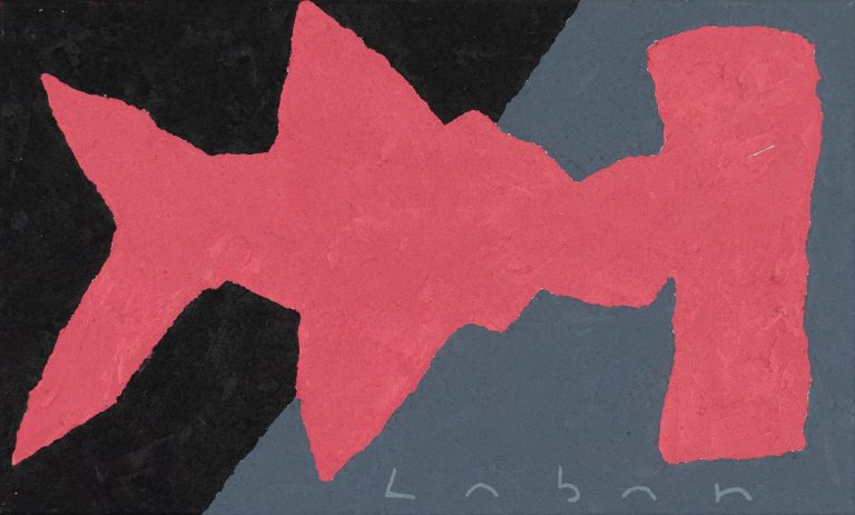 Pintura abstracta minimalista con forma de tiburón realizada en acrílico con serrín por Laban (Jorge Labandeira) en 2022