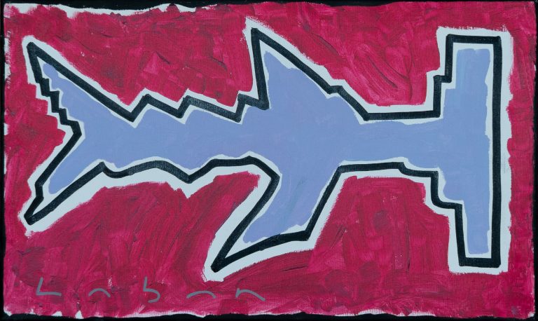 Pintura abstracta minimalista con forma de tiburón realizada en acrílico por Laban (Jorge Labandeira) en 2021