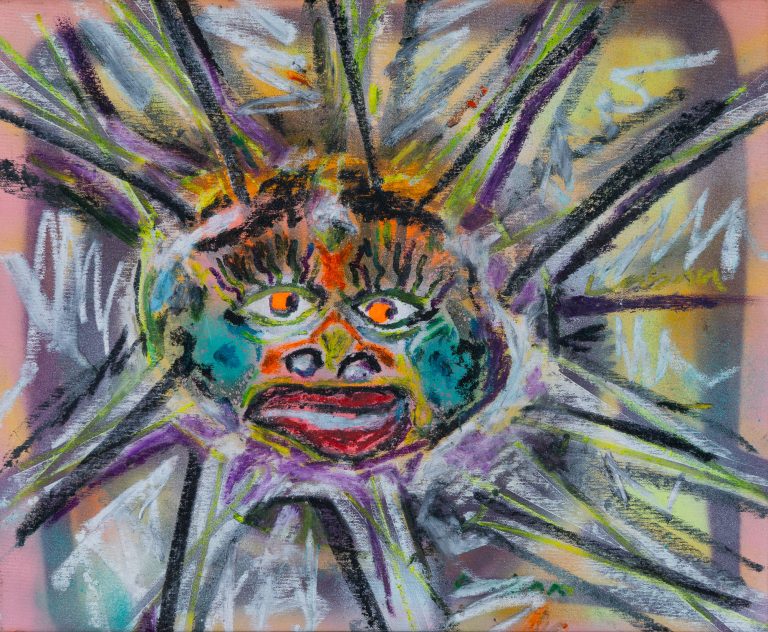 Pintura expresionista con rostro radial y formas agresivas realizada en spray, acrílico y ceras al óleo por Laban (Jorge Labandeira) en 2024