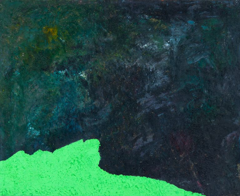 Pintura abstracta matérica en tonos verdes y negros realizada en acrílico con serrín por Laban (Jorge Labandeira) en 2024