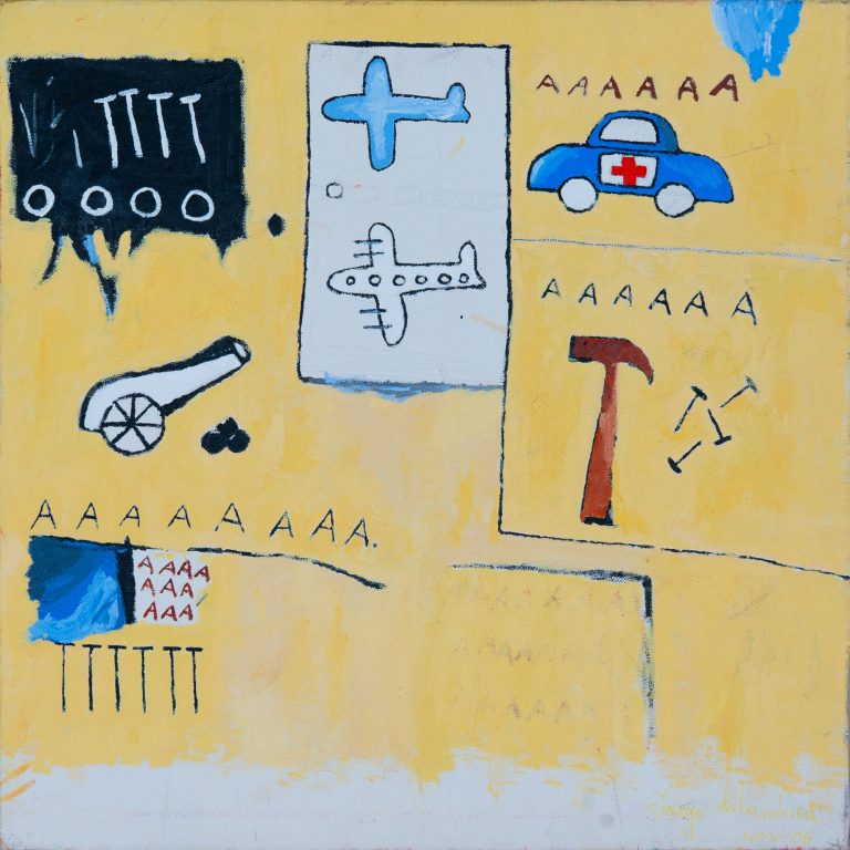 Pintura contemporánea con símbolos y dibujos esquemáticos realizada en acrílico por Laban (Jorge Labandeira) en 2008