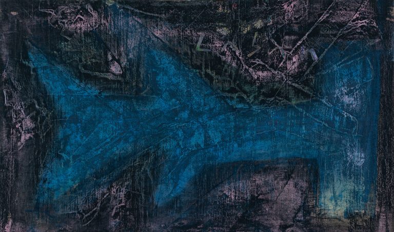 Pintura abstracta con forma de tiburón realizada en acrílico con serrín por Laban (Jorge Labandeira) en 2024