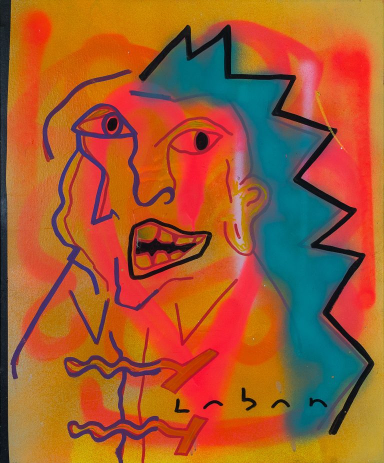 Pintura expresionista con retrato punk realizada en spray y rotulador por Laban (Jorge Labandeira) en 2024