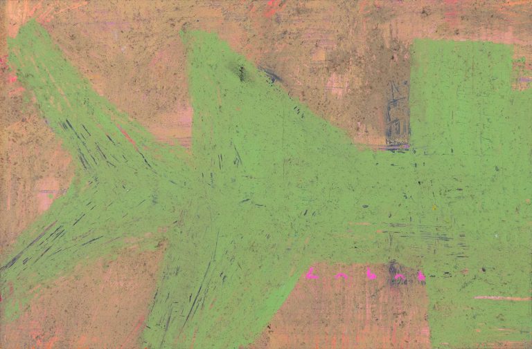 Pintura abstracta minimalista con forma de tiburón realizada en acrílico con serrín por Laban (Jorge Labandeira) en 2025
