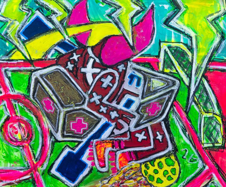 Pintura contemporánea inspirada en Erling Braut Haaland con grafismos y colores fluorescentes