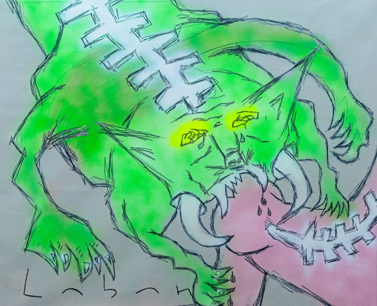 Pintura contemporánea con figura verde de apariencia monstruosa sobre fondo blanco