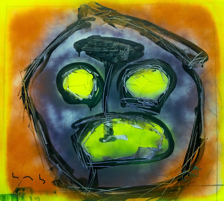 Pintura expresionista de un rostro verde con ojos fluorescentes sobre fondo naranja