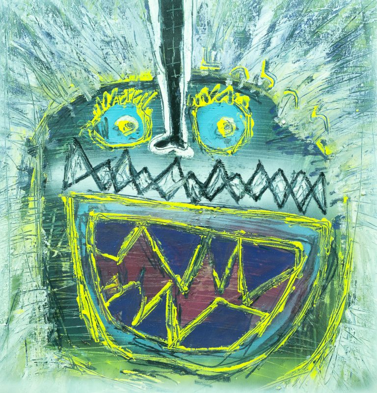 Pintura expresionista de criatura azul y verde con ojos amarillos sobre fondo claro