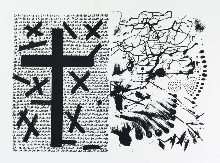 Grabado "Y todo dejó de hacerme gracia" de Laban (Jorge Labandeira): serigrafía en blanco y negro con una gran cruz tachada sobre un muro de "ja ja ja" escritos a mano y, al lado, salpicaduras y goteos de tinta; humor negro convertido en imagen.