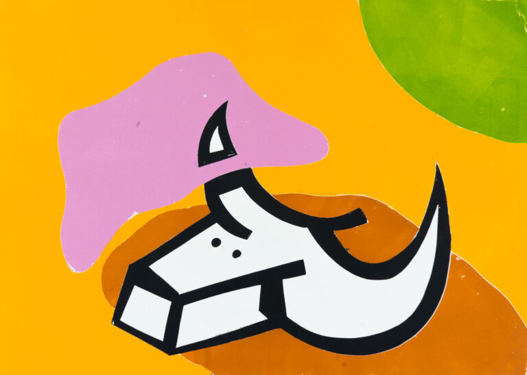 Grabado "Ya le dijo su madre que no torease en plena ola de calor" de Laban (Jorge Labandeira): xilografía a color con la cabeza de un toro blanco de trazo negro y geométrico, una nube rosa, un sol verde y un fondo naranja abrasador; humor y violencia en clave pop.
