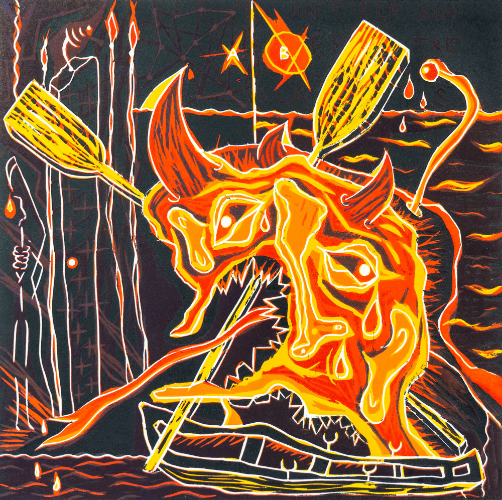 Grabado "Serás un diablo, pero de agua dulce" de Laban (Jorge Labandeira): una cabeza de toro naranja y amarilla, con cuernos, ojos blancos y lengua fuera, sobre una barca en un mar de fondo negro con olas rojas; a los lados, remos y antorchas encendidas.