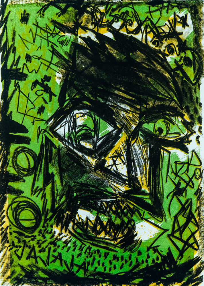 Grabado "Diablo verde" de Laban (Jorge Labandeira): una cara verde y negra dibujada con trazos rápidos y nerviosos, rodeada de garabatos, cruces y la palabra JAJAJA escrita abajo sobre fondo verde ácido.