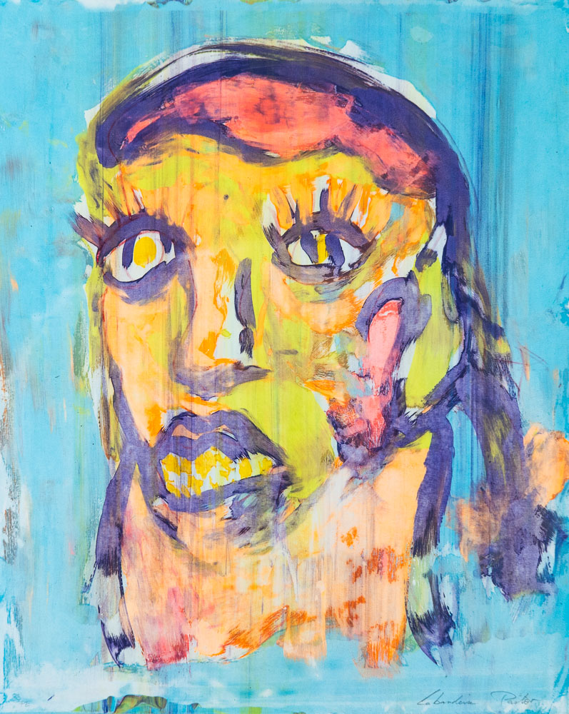 Grabado "Rita difusa" de Laban (Jorge Labandeira): retrato de una mujer de pelo castaño, cara amarilla y naranja con labios violeta y ojos grandes, sobre fondo azul con chorreones, pintado con manchas sueltas.