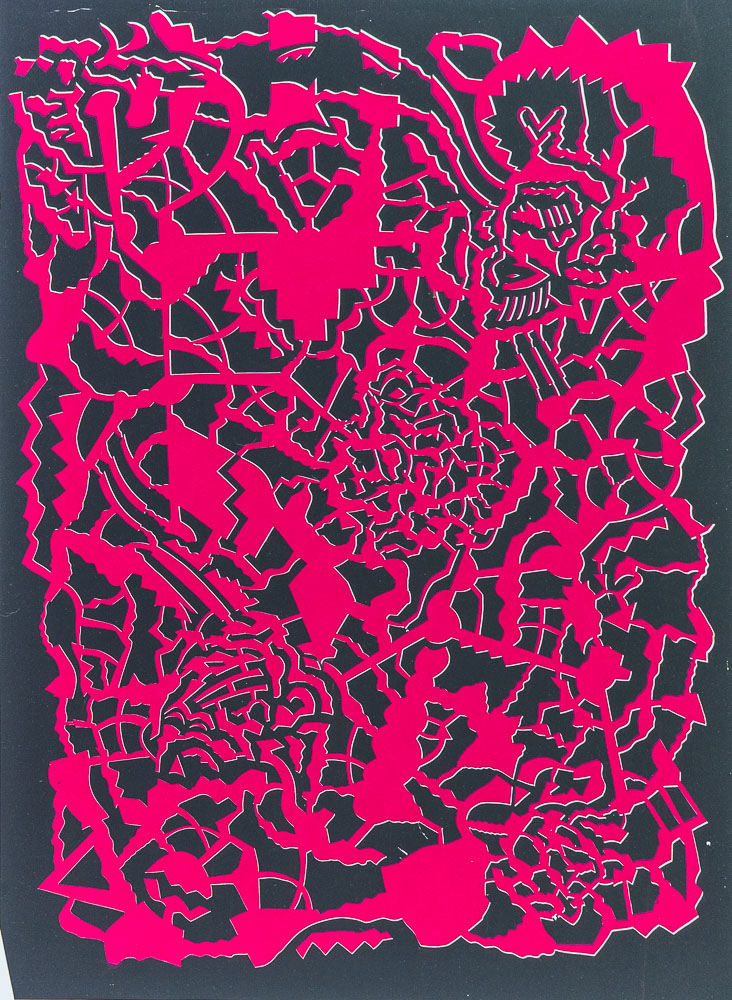 Grabado "Cris Vidal invertido" de Laban (Jorge Labandeira): dibujo calado en rosa fucsia sobre fondo negro, con caras, cuerpos y garabatos recortados, como un encaje en negativo.