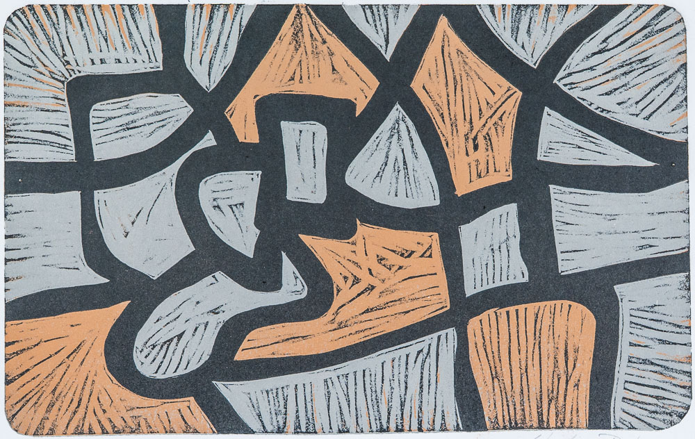Grabado "Repsol, Campsa y Petronor" de Laban (Jorge Labandeira): composición de formas geométricas en naranja y gris con gruesas líneas negras y textura de veta de madera, como un mapa o un plano abstracto.