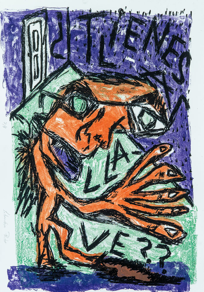 Grabado "¿Tienes las llaves?" de Laban (Jorge Labandeira): figura naranja con gafas y la mano abierta sobre fondo verde y violeta, con el texto TIENES LAS LLAVES escrito en grandes letras negras alrededor.