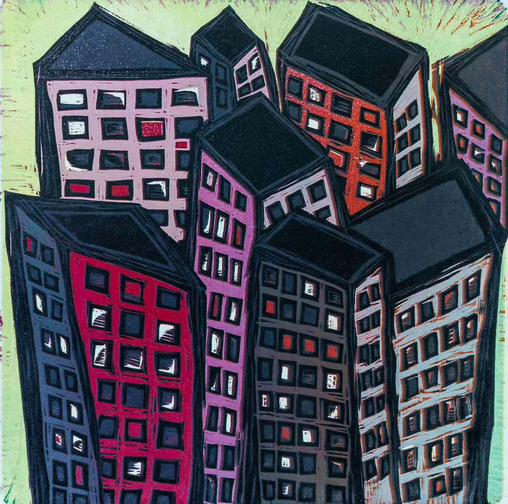Grabado "Barrio del Pilar" de Laban (Jorge Labandeira): grupo de torres de pisos altas y torcidas, en negro, morado, rojo y gris con ventanas encendidas, sobre fondo verde claro.