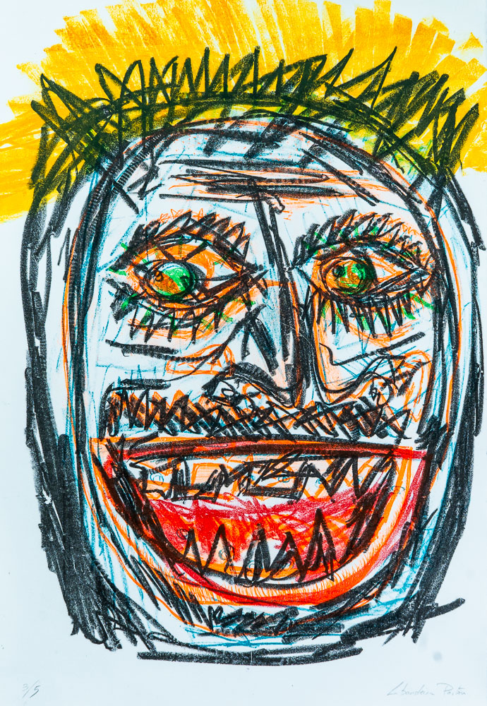 Grabado "Esa cara" de Laban (Jorge Labandeira): cara grande dibujada con líneas negras nerviosas, pelo amarillo de punta, ojos verdes y una enorme boca roja llena de dientes, sobre papel claro.
