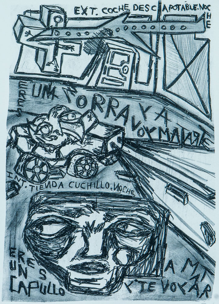Grabado "Voy a matarte zorra" de Laban (Jorge Labandeira): dibujo en blanco y negro dividido en viñetas como un guion de cine: un coche descapotable, una moto, un cuchillo y una cara, con textos escritos a mano como EXT. COCHE DESCAPOTABLE. NOCHE.