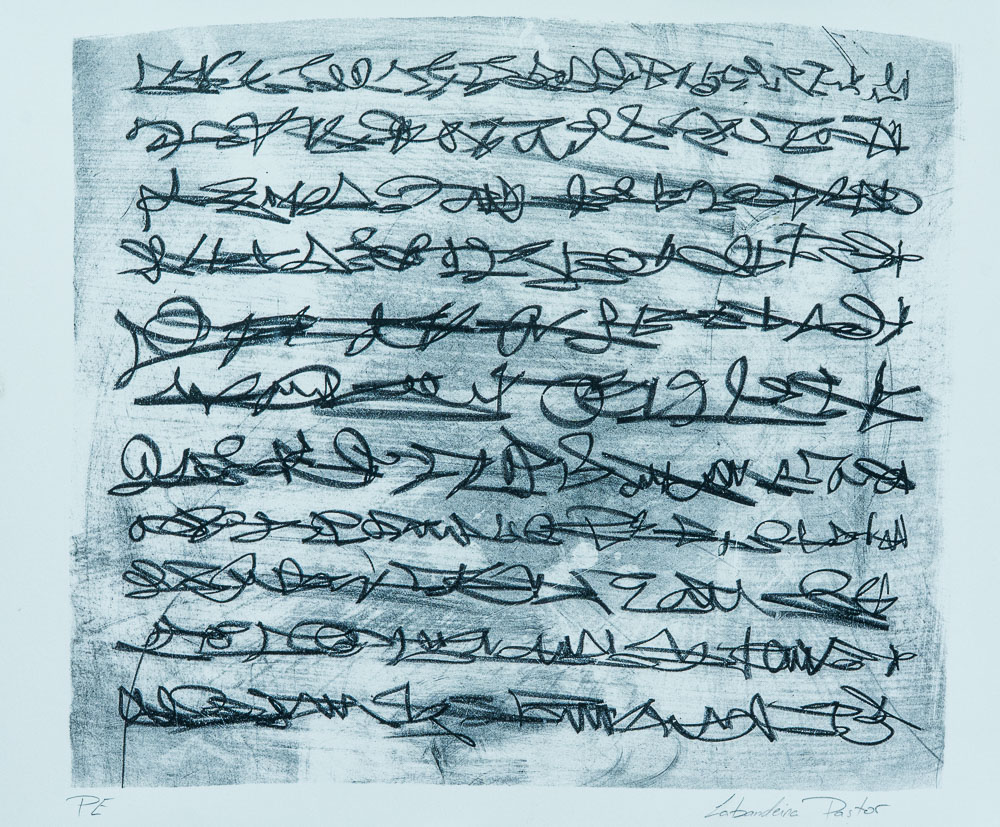 Grabado "Alphabeiq" de Laban (Jorge Labandeira): líneas de escritura ilegible, como un alfabeto inventado, dibujadas a mano en negro sobre un fondo gris claro, ocupando toda la lámina.
