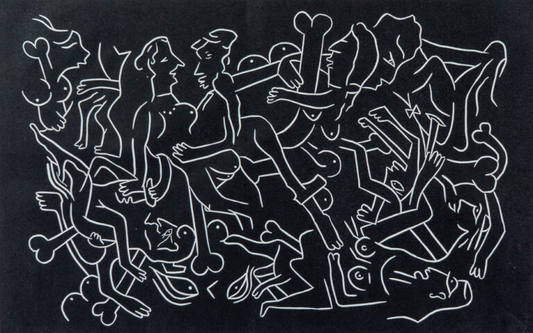 Grabado "Estaban todos menos tú" de Laban (Jorge Labandeira): muchedumbre de figuras desnudas dibujadas a línea blanca sobre fondo negro, entrelazadas, con huesos, peces y caras, en formato apaisado.