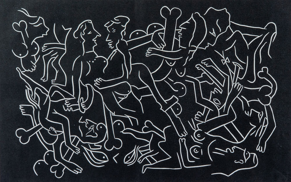 Grabado "Estaban todos menos tú" de Laban (Jorge Labandeira): muchedumbre de figuras desnudas dibujadas a línea blanca sobre fondo negro, entrelazadas, con huesos, peces y caras, en formato apaisado.