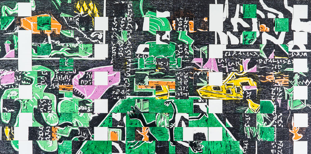Grabado "Pablo Naire" de Laban (Jorge Labandeira): composición apaisada muy densa en verde, negro, naranja, rosa y blanco, con figuras, caras, un coche amarillo, cuadros de damero y renglones de escritura.
