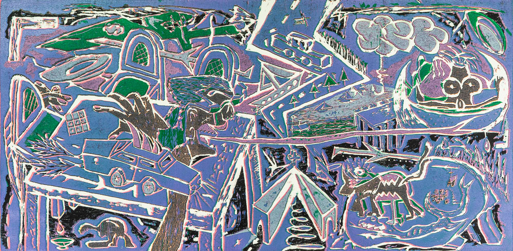 Grabado "¿Y qué título le pongo yo a esto? Pedazo lila" de Laban (Jorge Labandeira): escena apaisada llena de figuras, coches, animales, nubes y edificios tallados en la madera, en lila, azul, verde, negro y rosa.