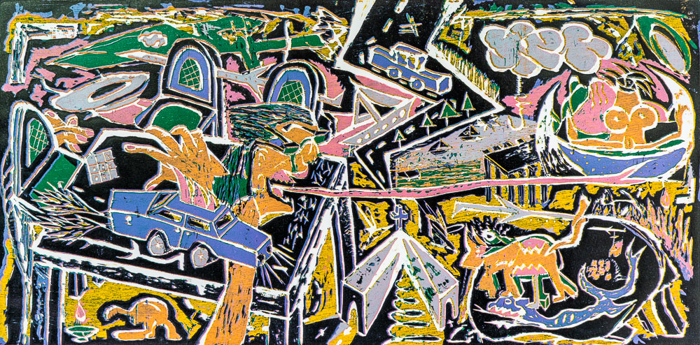 Grabado "¿Y qué título le pongo yo a esto?" de Laban (Jorge Labandeira): la misma escena apaisada de figuras, coches, animales, nubes y edificios, aquí en amarillo, naranja, azul, negro y rosa.