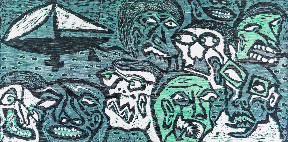Grabado "Cuaderno de bitácora" de Laban (Jorge Labandeira): muchedumbre de caras verdes y blancas apretadas bajo un velero, con peces pequeños en el agua, en tonos verde azulado, negro y blanco.