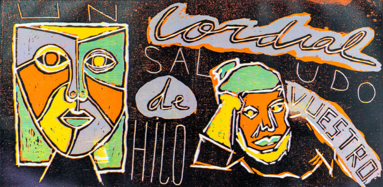 Grabado "Un cordial saludo de vuestro hijo" de Laban (Jorge Labandeira): dos caras, una máscara amarilla y verde y un retrato naranja, con el texto UN CORDIAL SALUDO DE VUESTRO HIJO en letras grandes sobre fondo negro.