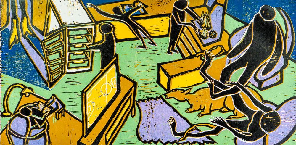 Grabado "La rata paga el alquiler" de Laban (Jorge Labandeira): interior de una casa en verde, amarillo, azul y negro con figuras negras sin rostro que hacen tareas, una televisión, muebles y una rata en el suelo.