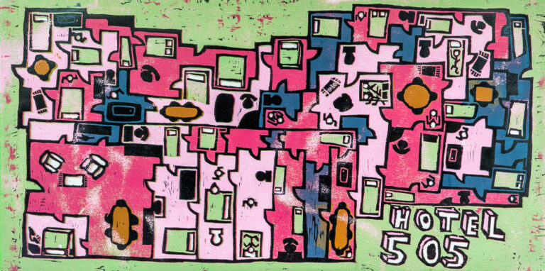 Grabado "Hotel 505" de Laban (Jorge Labandeira): plano de un hotel visto desde arriba, con decenas de habitaciones en rosa, azul y verde llenas de camas y muebles, y el rótulo HOTEL 505.