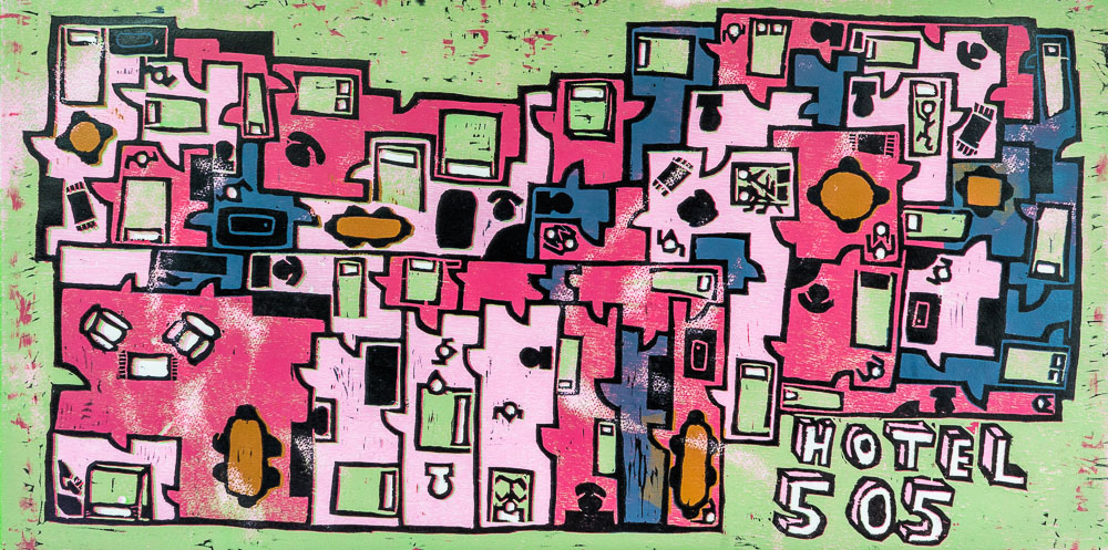 Grabado "Hotel 505" de Laban (Jorge Labandeira): plano de un hotel visto desde arriba, con decenas de habitaciones en rosa, azul y verde llenas de camas y muebles, y el rótulo HOTEL 505.