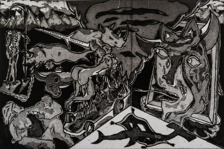 Grabado "Ni en una peli" de Laban (Jorge Labandeira): escena en blanco y negro con toros, una cara con cuernos que llora, un esqueleto, una figura tumbada y un avión, en una habitación con paredes en perspectiva.