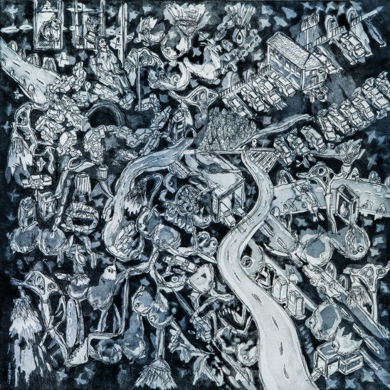 Grabado "Dame de mamar, mamá" de Laban (Jorge Labandeira): vista aérea en blanco y negro de una ciudad caótica llena de coches, edificios, figuras y carreteras que serpentean, con una calavera coronada arriba.